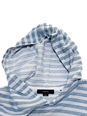 Vince. Men's Textured Stripe Hoodie Linen  + Cotton Long Sleeve Halo Blue Smoke